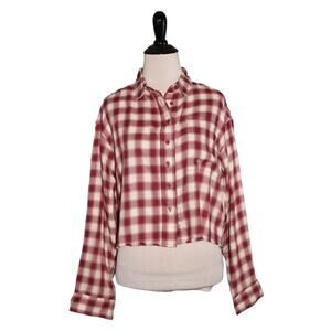 ABOUND NEW $35 Long Sleeve Plaid Cropped Button Down Fringe Hem XS